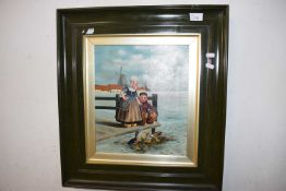 Early 20th Century, two children feeding ducks, initialled A.B and dated 1910, oil on canvas,13.