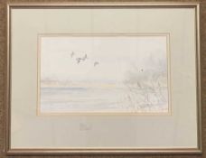 Jason Partner (British, contemporary), 'Wildfowl Over The Broad', signed and dated 1987,9x15ins,