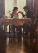 Raymond Leech (British, 20th century) a dining couple toasting with wine, oil on board, signed,