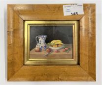 Enid Clarke R.M.S.(British, 20th century), miniature still life study of fruit and ornate jug, oil