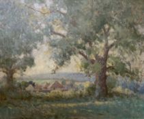 (British, 20th century) in the manner of Newlyn School, distant cottages in a countryside landscape,