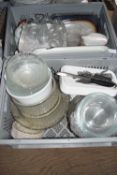 Two crates containing mixed wares including glass serving dishes, side plates, bowls, jugs etc