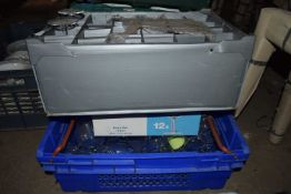 Two boxes containing approximately thirty mixed size wine glasses