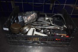 Crate containing mixed quantity of cooking utensils etc