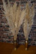 Pair of brass vases containing pampas grass stems