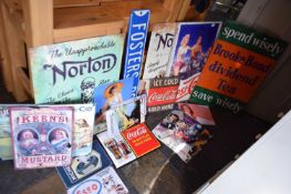 Quantity of mixed enamel and tin advertising signs to include Schweppes, Coca Cola, Pepsi, Fosters