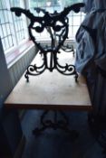 Pair of pub dining tables with cast iron bases, 160 x 70 cm, height approx 70 cm