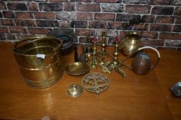 Mixed Lot: Various brass and copper wares to include coal bucket, candlesticks, trivet etc
