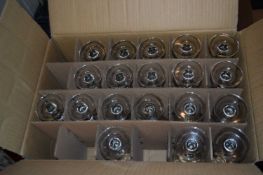 Box containing 19 branded Stella Artois half pint glasses