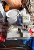 Mixed box containing paper plates, wooden cutlery, tooth picks etc
