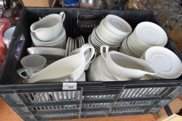 Crate containing a mixed quantity of china wares to include coffee cups, gravy boats, saucers etc