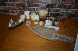 Mixed Lot: Royal commemorative china wares, vintage wooden scoop, model boat etc