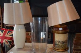 Pair of decorative table lamps together with a large glass vase