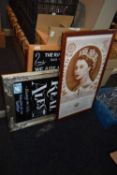 Mixed lot to include framed blackboards and Diamond Jubilee print
