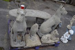 Five mixed composite statues (a/f) to include hounds, owl etc