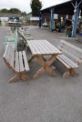 Timber garden set comprising a table and two benches, table width 150cm, height approx 80cm