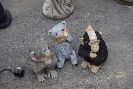 Three composite statues to include monkey and teddy