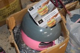 Large quantity of dog food/water bowls plus a hamburger money bank