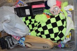 Box containing a mixture of key chains, key rings, hats and bracelets