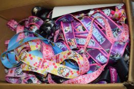 Box containing branded Hello Kitty, Frozen, Star Wars, Sponge Bob Square Pants lanyards