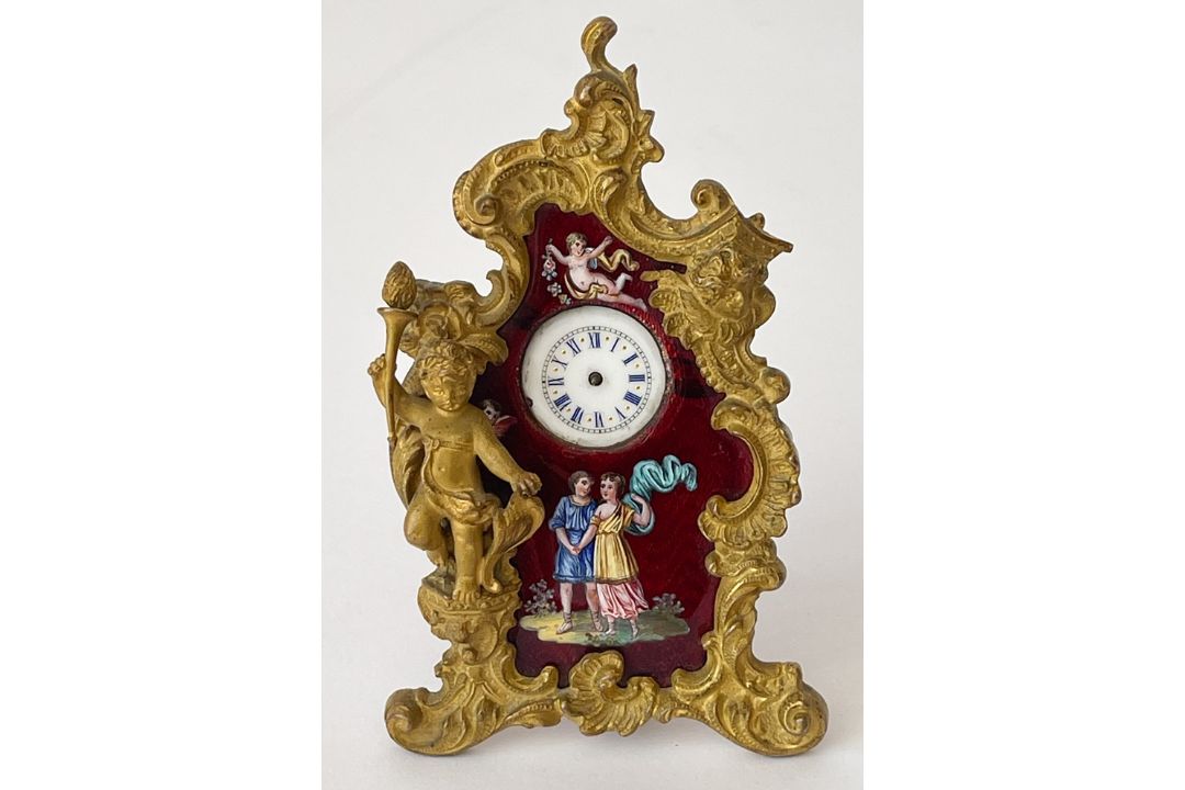 Miniaturuhr Bronze mit Email - Bild 1 aus 4