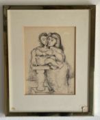 Bleistiftzeichnung sign. Samartino "Mutter mit Kind auf Sockel"