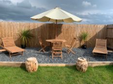 NEW BOXED SOLID TEAK 6P/C PATIO SET - TABLE,CHAIRS,PARASOL
