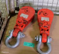 2x Red Rooster 6 Inch 8 Tonne block Lifting hoists