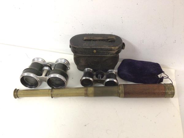 A late 19thc/early 20thc three draw telescope, marked Cary, London (open: 38cm) and two pairs of
