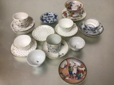 A Chinese porcelain 19thc saucer decorated with Figures by a Stream, two Continental blue floral