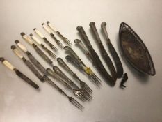 An Epns oval stand, three various silver pistol handled steel bladed knives, a collection of