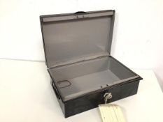 An early to mid 20thc money box, painted black, complete with key (10cm x 30cm x 20cm)