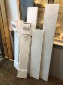 A marble fire surround, the jambs with corbels and shell inspired pendants (approx: 120cm x 142cm)