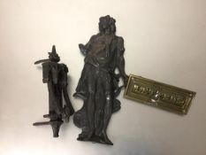 A spelter cast Standing Figure, after David (32cm), a brass letter box and a Victorian cast iron