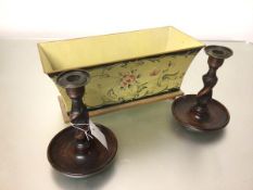 A tole rectangular flower trough, decorated with painted floral sprays (16cm x 36cm x 15cm) and a