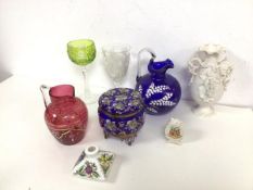 A mixed lot including a blue glass lidded jar with foliate enamels and gilt decoration, a