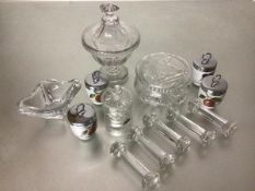 A Stewart Crystal miniature jam pot, a crystal mounted dressing table container, a set of five