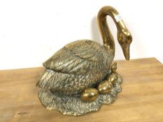 A brass goose on nest with three eggs (26cm x 37cm x 17cm)