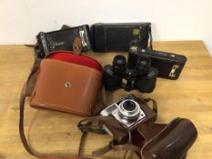 Photography interest: two Kodak brownies, a further camera and a Zeiss Ikon Contessa and a pair of