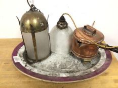 A mixed lot including a brass effect and frosted glass hall lantern (33cm), a ceiling light, a
