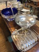 A collection of Epns including two footed bowls with swing handles, one with blue