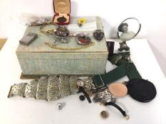 A mixed lot of jewellery including polished stone brooches, lady's wristwatches, belt, bracelet,