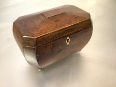 A 19th century mahogany tea caddy, of bombe sarcophagus form, with unusual painted decoration of