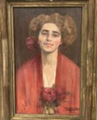 Ilona Shulz (Hungarian, 1887-1940), Woman with Roses, signed lower right and inscribed 