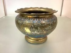 A Chinese cloisonne enamel and brass jardiniere, c. 1900, with scalloped rim over a band of