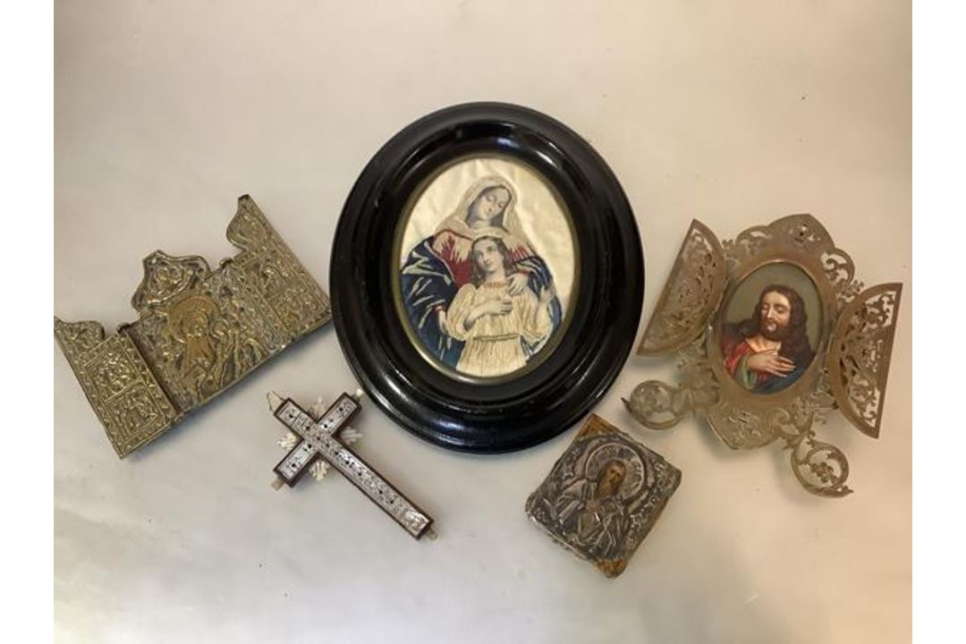 A group of devotional objects, 19th century and later, comprising: an Orthodox brass triptych