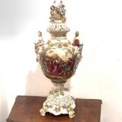 An imposing Dresden porcelain vase and cover on stand, c. 1900, the pierced corona-form cover