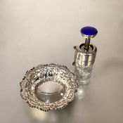 An engine-turned enamel and sterling silver-mounted cut-glass atomiser, c. 1930, probably