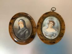 A pair of portrait miniatures, early 20th century, each in an oval tortoiseshell frame, one