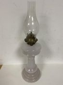 An early 20thc opaline glass oil lamp shade marked Griffin Brand measures 48cm high with shade
